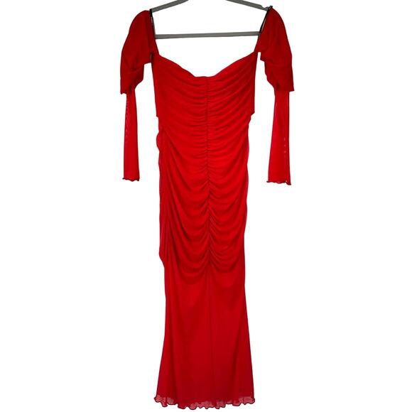 Majorelle | Elise Cherry Red Mesh Ruched Off Shoulder Midi Dress S - Picture 3 of 16